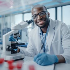 Modern Medical Research Laboratory: Portrait of Male Scientist Using Microscope, Charmingly Smiling on Camera. Advanced Scientific Lab for Medicine, Biotechnology, Microbiology Development